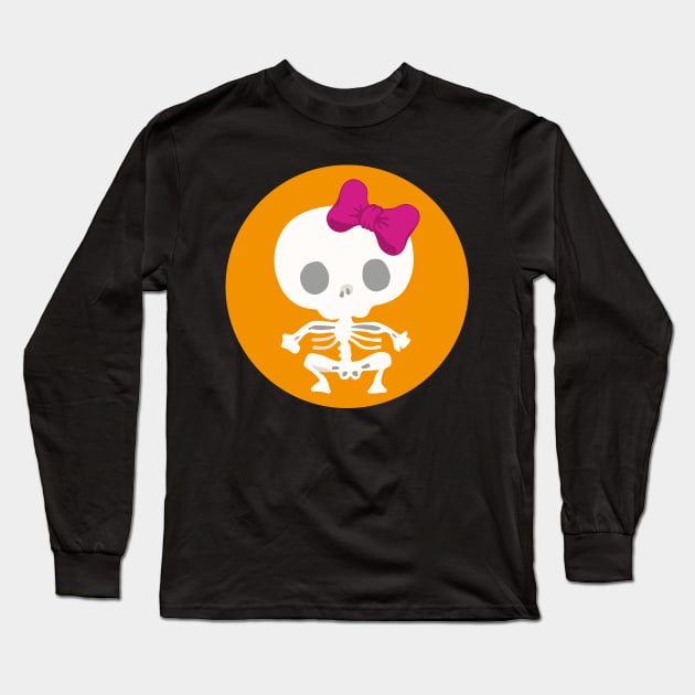 Kawaii skeleton cute pink bow orange day of the dead Long Sleeve T-Shirt by T-Mex